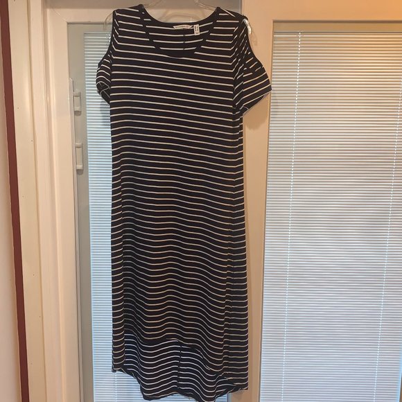 NWOT Isaac Mizrahi Live! Lg Blue/White Striped Cold Shoulder Maxi Dress Hi - Low - Picture 2 of 9